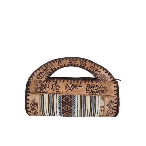 Peruvian Clutch Bag Leather and Cloth Handled Embroidered Small Boho - Picture 6 of 7